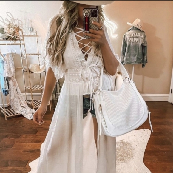 Boho Crochet Cut Out Cover Up Dress Sz 6 Embroidered Lace Long Maxi Tie White - Picture 4 of 6